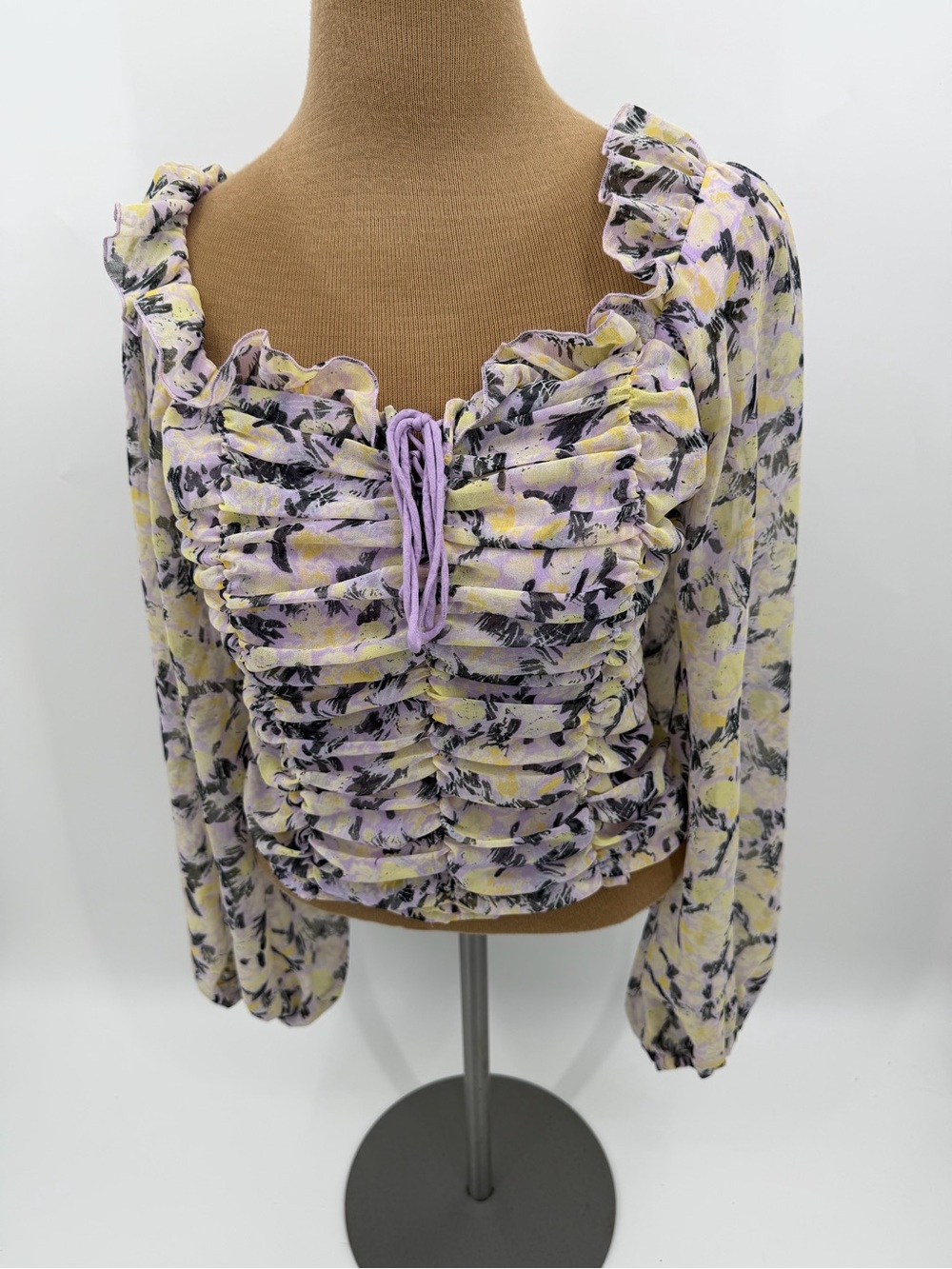 Free People Lavender Yellow Floral Ruched Smocked Crop Top Size Medium